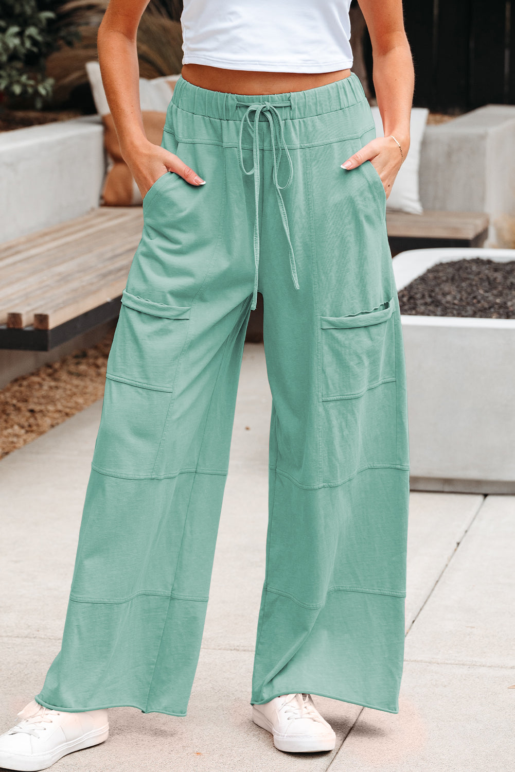 Smoke Gray Mineral Wash Exposed Seam Drawstring Elastic Waistband Wide Leg Cargo Pants