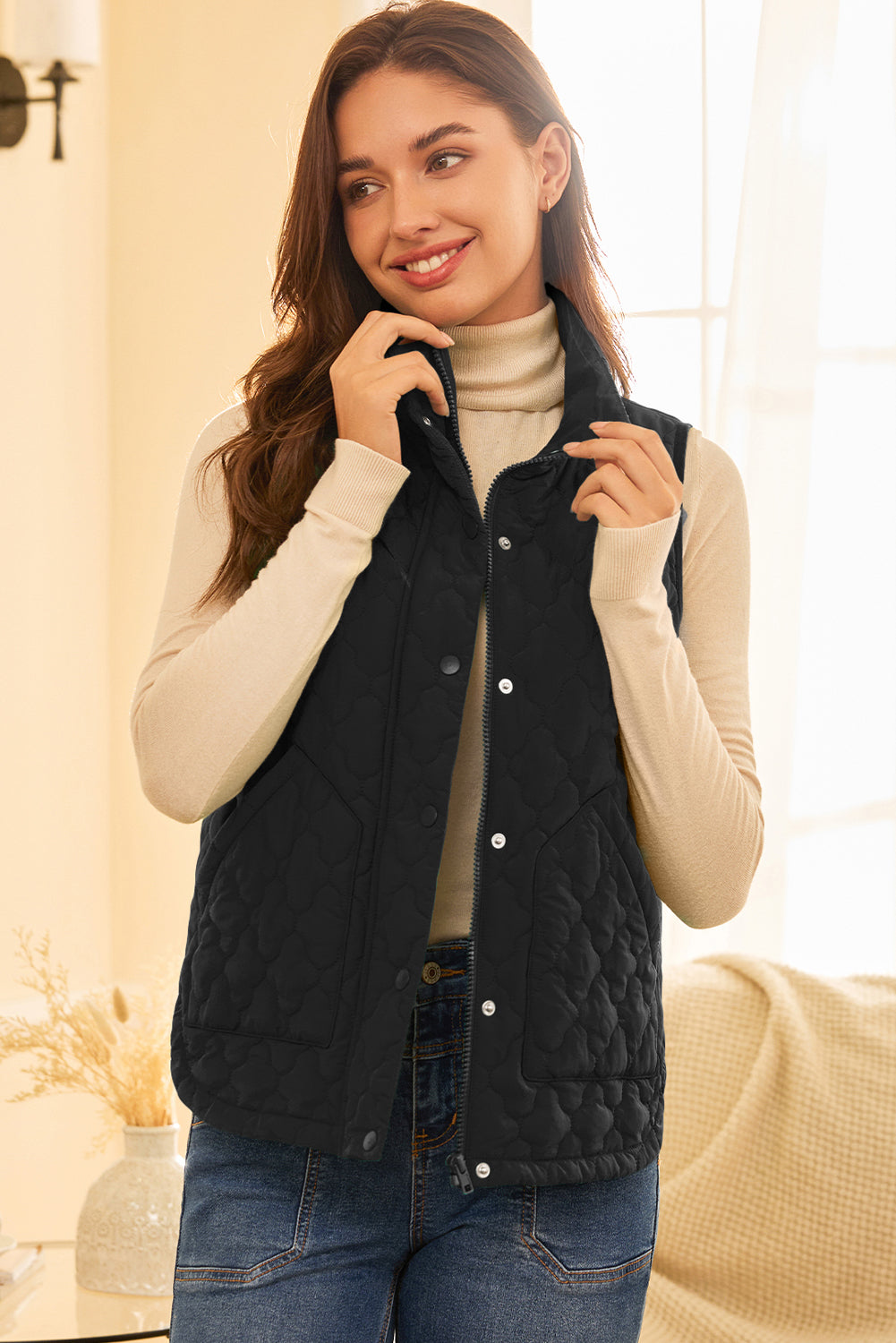 Wild Ginger Flower Shape Quilted Snap Button Zip Up Winter Vest
