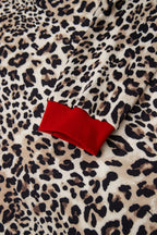 Brown Leopard Print Contrast Trim Round Neck Long Sleeve Top