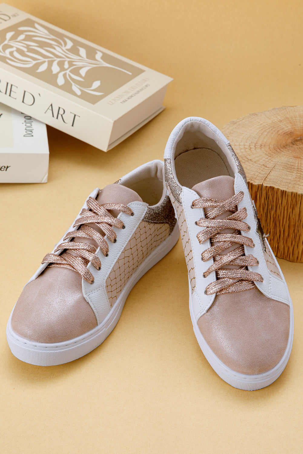 Dear Lover Gold Glitter Star Patchwork PU Leather Lace-up Sneakers