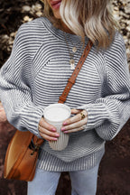 Medium Grey Striped Print Ribbed Knit Boat Neck Baggy Sweater