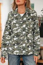 Green Camo Chest Pockets Loose Jean Jacket