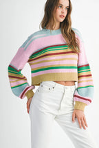 Multicolour Striped Knit Ribbed Trim Boxy Fit Cropped Sweater