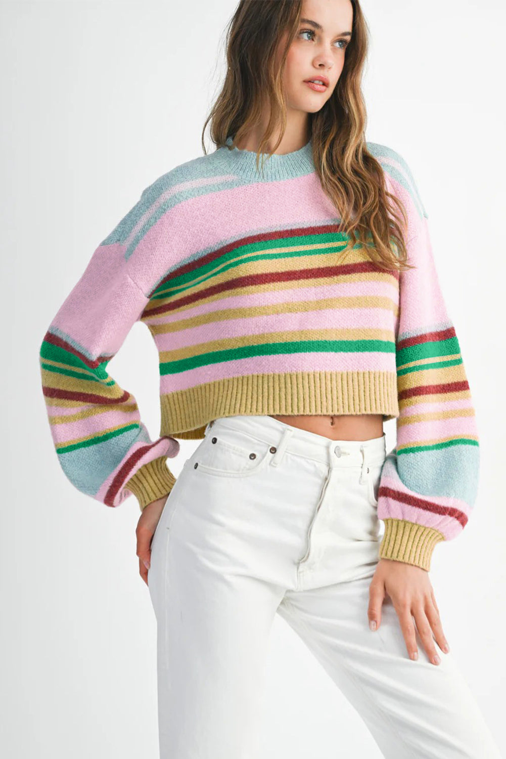 Multicolour Striped Knit Ribbed Trim Boxy Fit Cropped Sweater