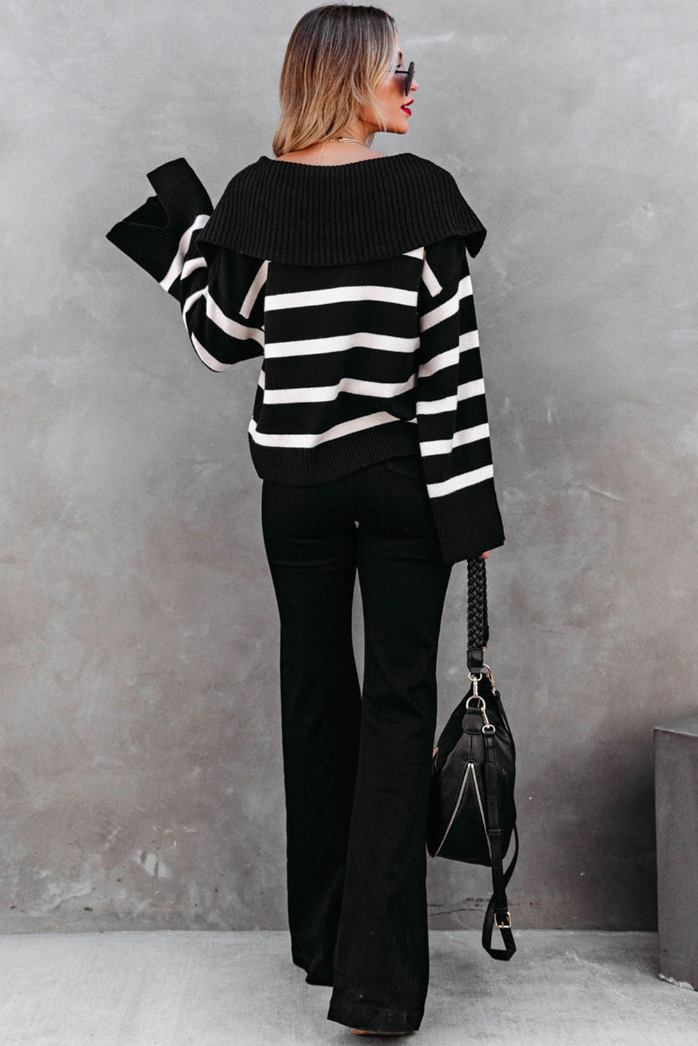 Black Caped V Neck Slit Sleeve Striped/Solid Sweater