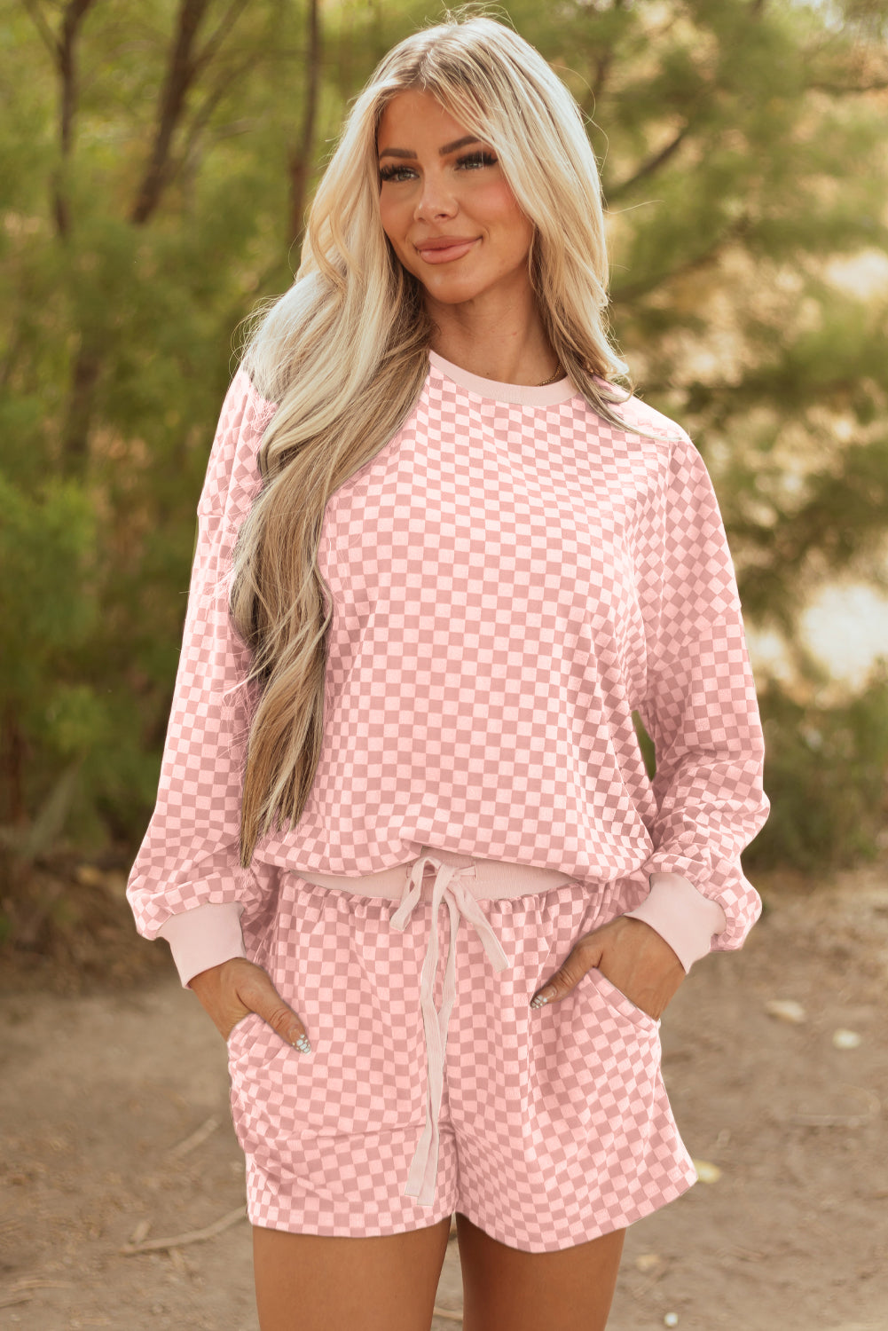 Pink Checkerboard Long Sleeve Pullover and Shorts Set
