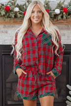 Green Plaid Contrast Patched Christmas Holiday Long Sleeve Shirt and Short 2pcs Pajama Set
