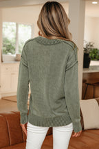 Four Leaf Clover Mineral Wash V Neck Knit Exposed Seam Drop Shoulder Loose Sweater