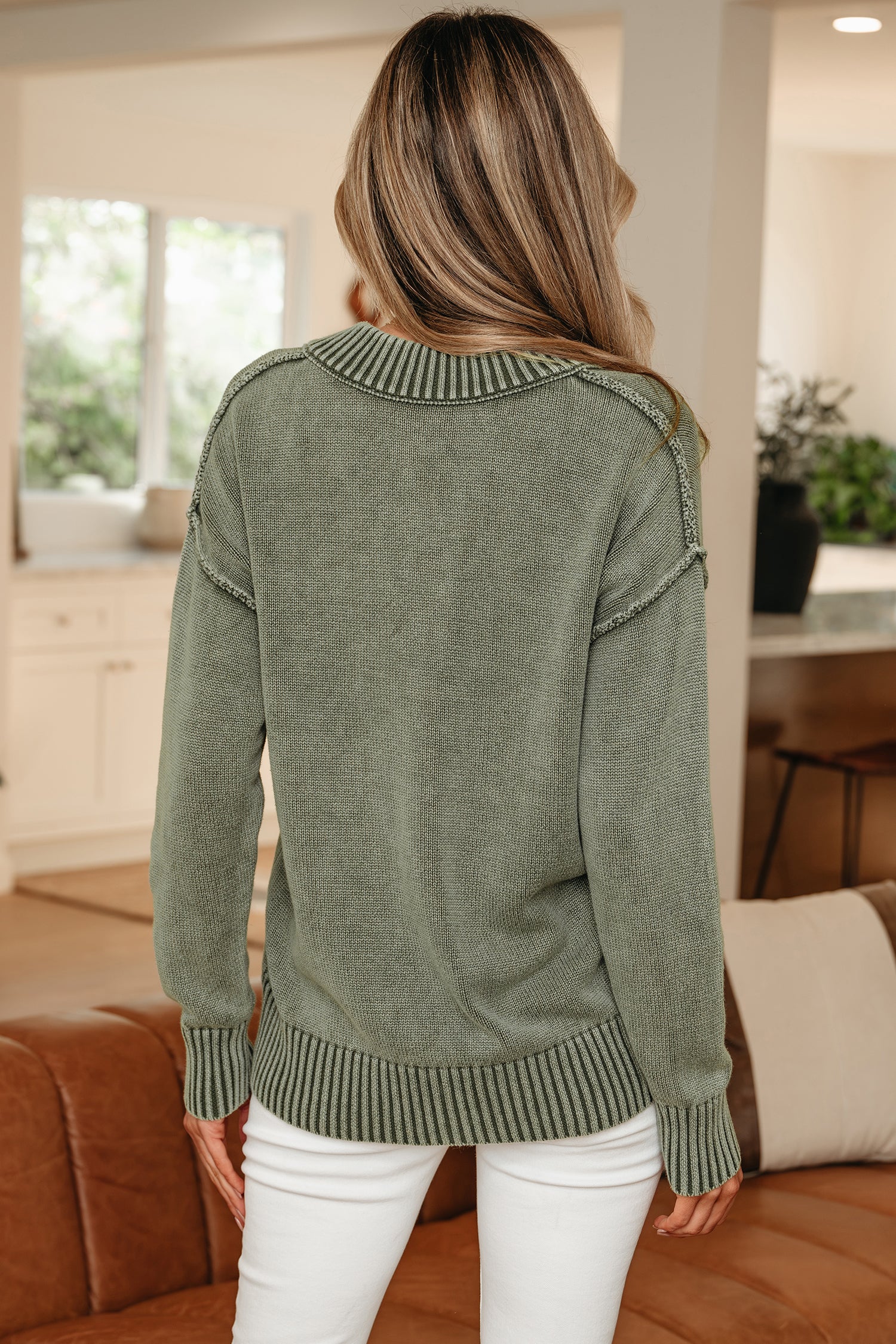 Four Leaf Clover Mineral Wash V Neck Knit Exposed Seam Drop Shoulder Loose Sweater