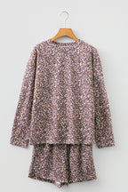 Khaki Leopard Ribbed Long Sleeve Top Drawstring Shorts 2pcs Outfit