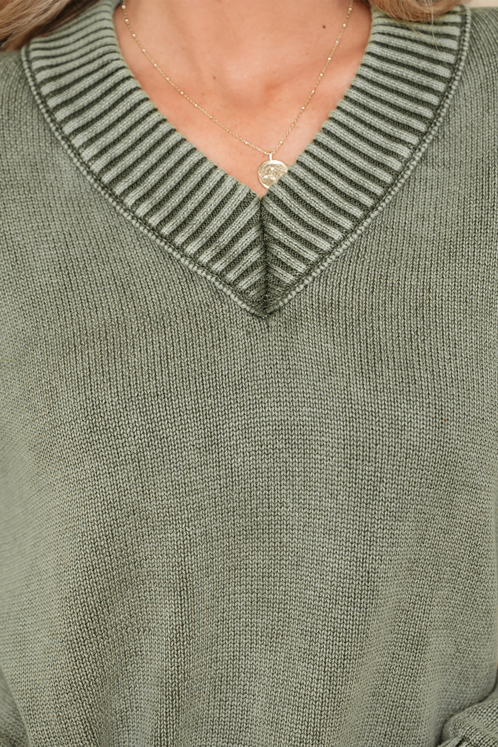 Four Leaf Clover Mineral Wash V Neck Knit Exposed Seam Drop Shoulder Loose Sweater