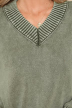 Four Leaf Clover Mineral Wash V Neck Knit Exposed Seam Drop Shoulder Loose Sweater