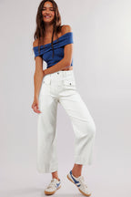 Brown Flap Pockets Front Straight Cropped Jeans
