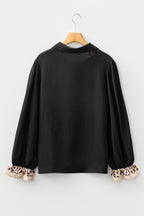 Black Contrast Leopard Print Patchwork Polo Collar Buttons Front Ruffled Long Sleeve Blouse