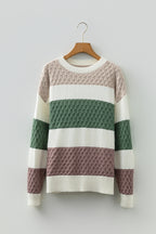 Green Mixed Texture Knit Striped Color Block Loose Sweater